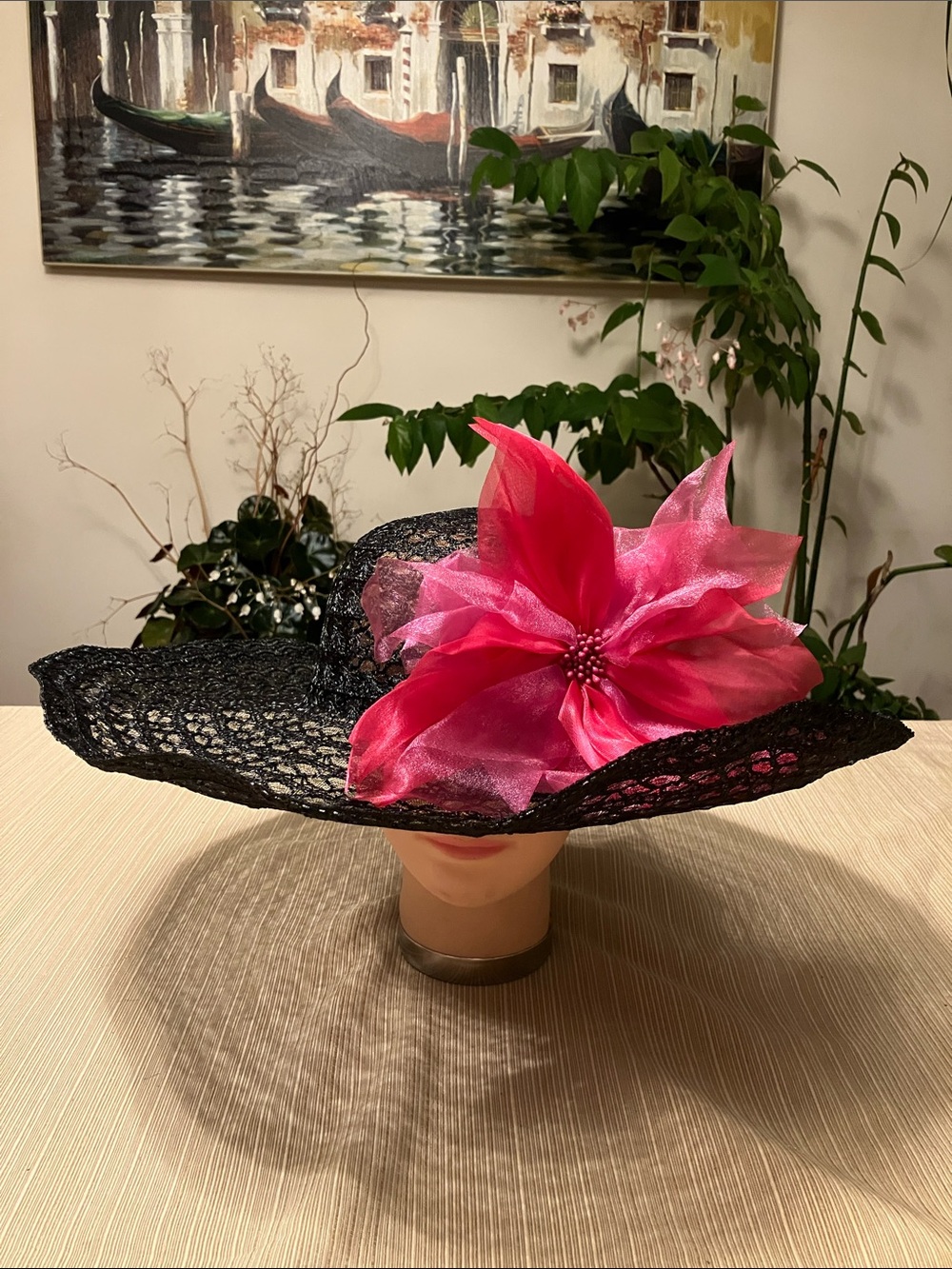 Elegant Black Lace Like Wide-Brim Hat with Pink Flower Accent